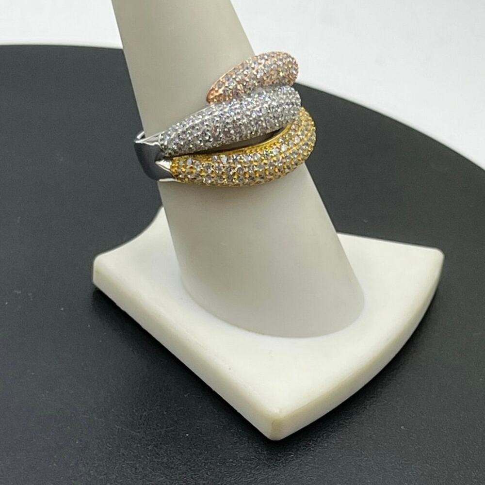 YGI 925 CN Tri-tone Sparkling Micro Pave CZ Overpass Iced Chunky‎ Ring Sz 8.5